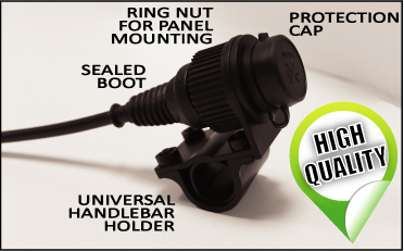 12V cigarette lighter socket with protective cap, handlebar holder, sealed boot, ring nut for panel mounting